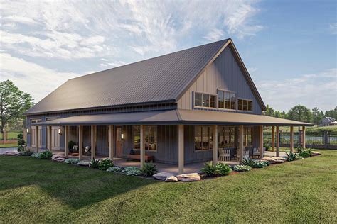 metal building house with wrap around porch|barndominium with garage and porch.